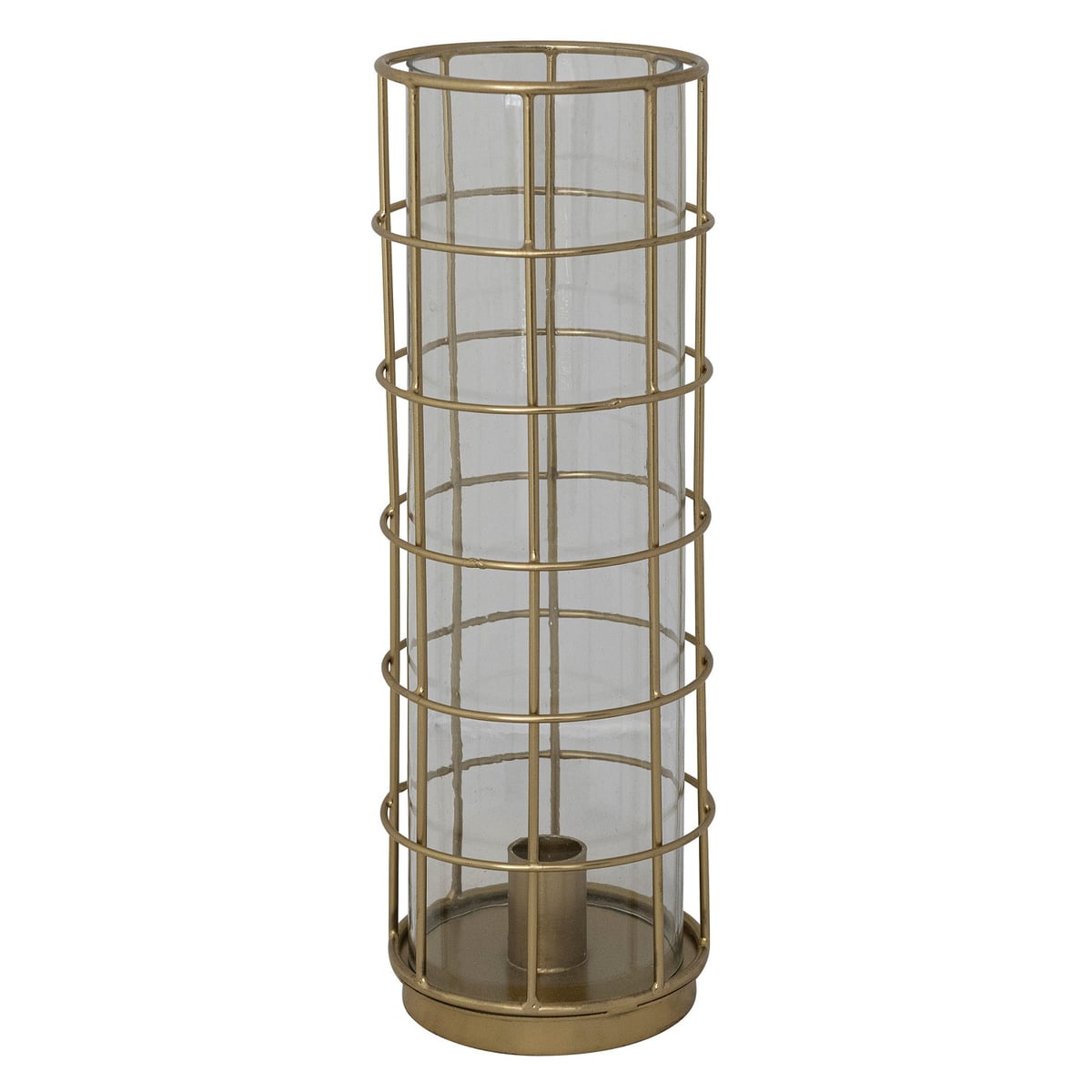 Metal Taper Holder in Cage with Glass Hurricane, Gold Finish Lamp