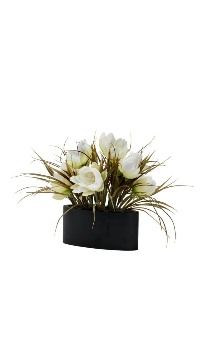 dw silk White Water Lilies Oval Black Metal Planter Plant