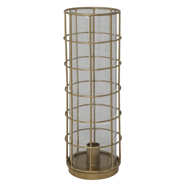 Metal Taper Holder in Metal Cage with Glass Hurricane, Gold Finish