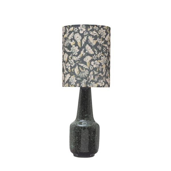 Table Lamp with Floral Print Shade, Green Reactive Glaze