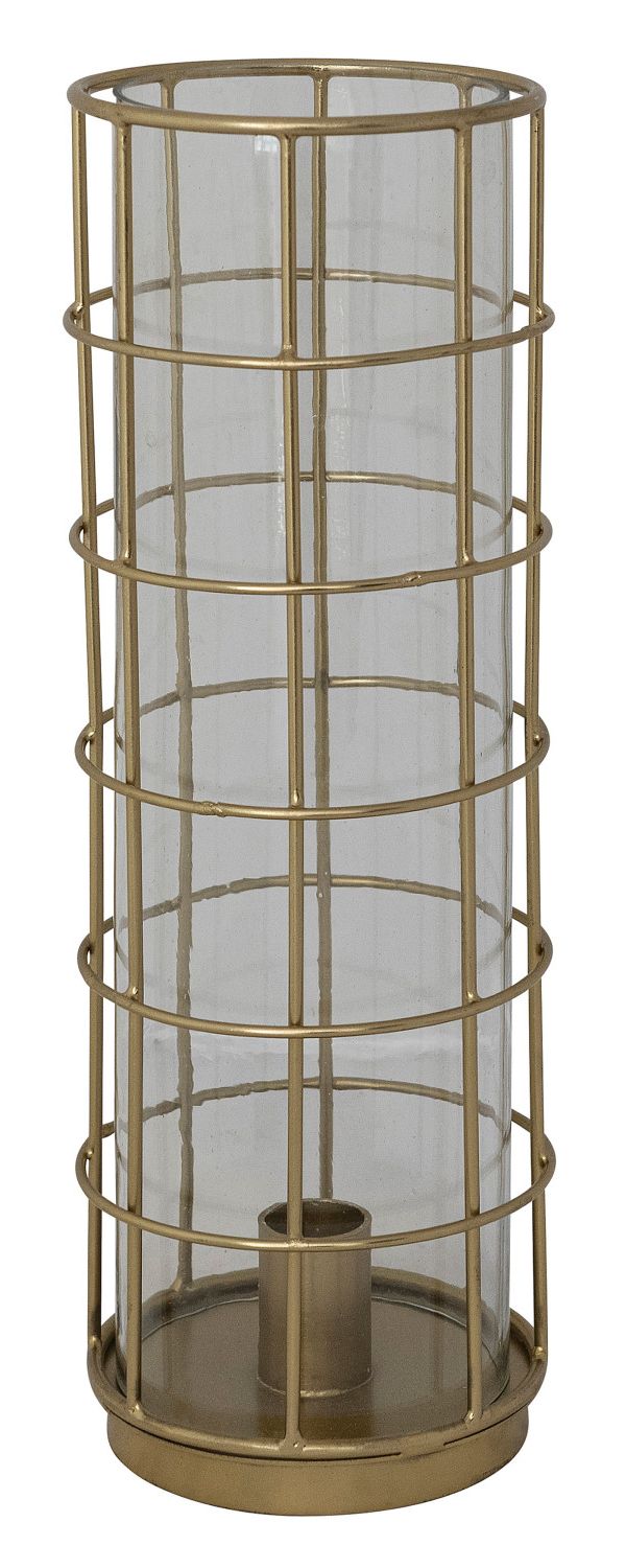 Metal Taper Holder in Metal Cage with Glass Hurricane, Gold Finish
